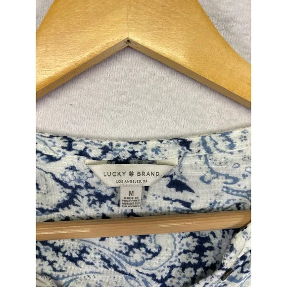 Boho Lucky Brand Womens Medium Blue White Paisley Button Front Long Sleeve Top - Picture 3 of 10